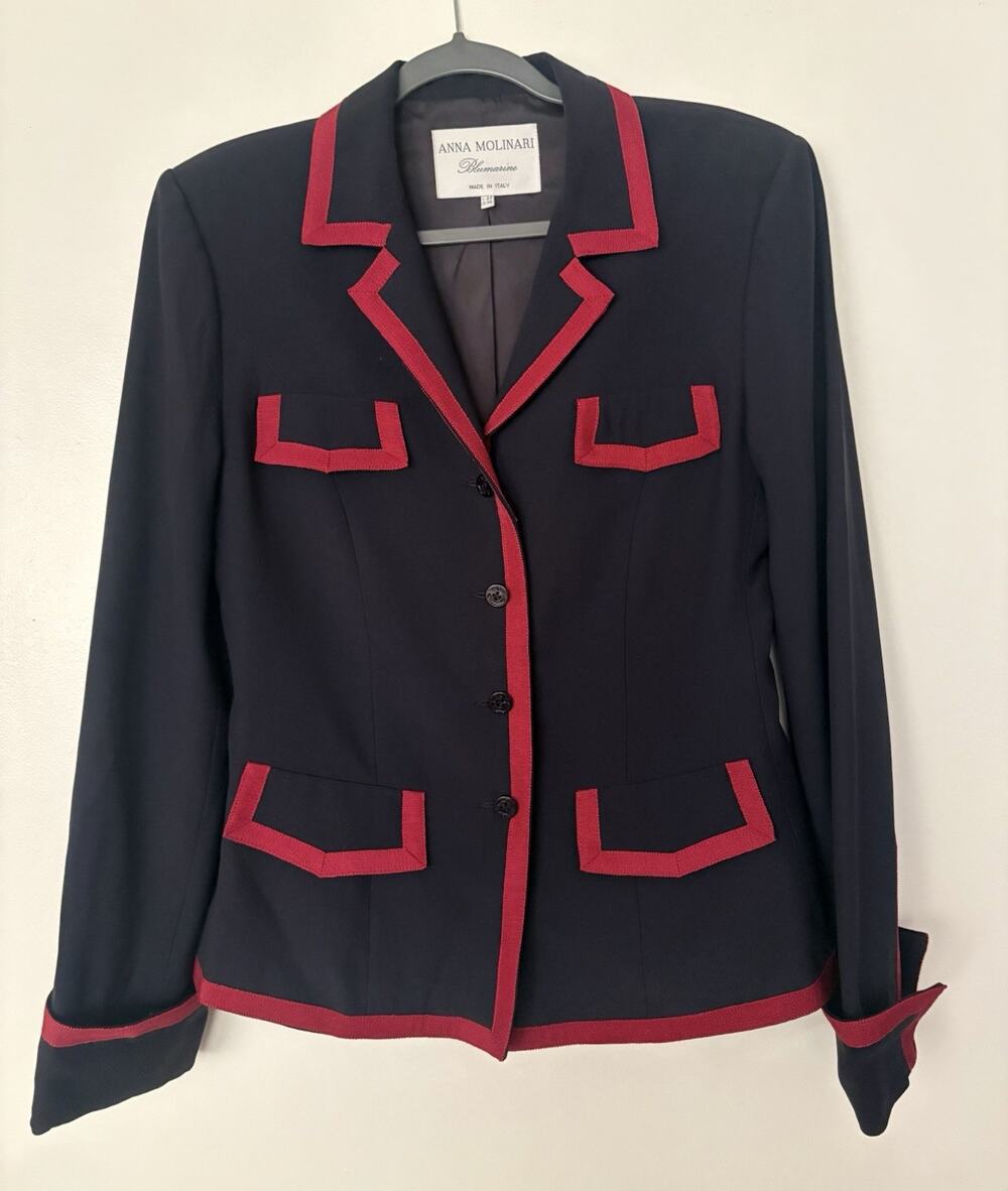 Vintage Anna Molinari Blumarine Navy Blue Blazer Red Trim Nautical IT 44 / US 8